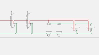 Esimerkki käyttövesiputkista intervallihuuhtelutilaa varten, kun Geberit-hygieniahuuhtelulaite on integroitu piilohuuhtelusäiliöön