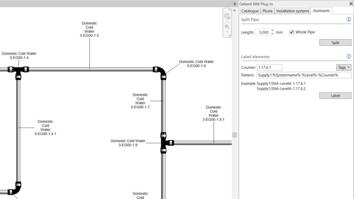 Putkijuoksujen numerointi Geberit BIM plug-in -ohjelmassa