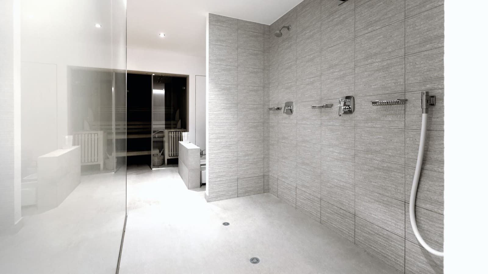 Puolijulkinen saniteettitila Geberit-vinyylisuihkulattiakaivolla (PVC) Puolijulkinen saniteettitila Geberit-vinyylisuihkulattiakaivolla (PVC)