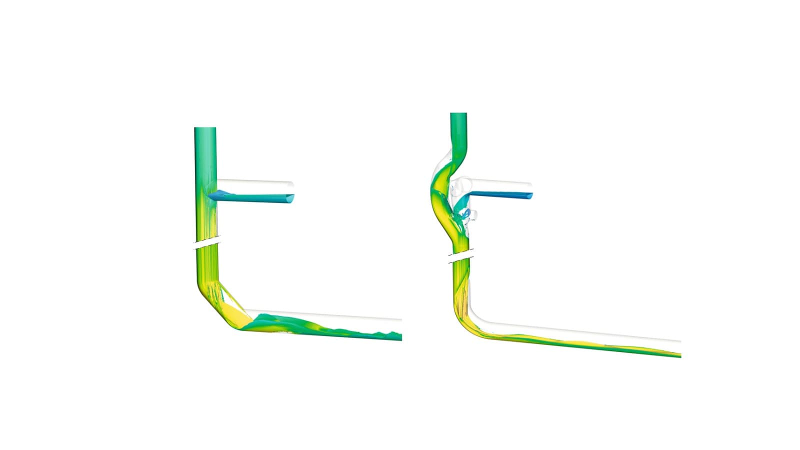 Kuten kuvassa vasemmalla, suunnanmuutos kahdella Geberit Silent-db20 45°:n yhteellä, joiden mitat ovat d160, aiheuttaa putkeen turbulenssia, mikä lisää melua. Sitä vastoin, kuten kuvassa oikealla, Geberit Silent-db20 BottomTurn -pohjakulma muuttaa pyörivän virtauksen kerrosmaiseksi hallituksi virtaamaksi. Kuten kuvassa vasemmalla, suunnanmuutos kahdella Geberit Silent-db20 45°:n yhteellä, joiden mitat ovat d160, aiheuttaa putkeen turbulenssia, mikä lisää melua. Sitä vastoin, kuten kuvassa oikealla, Geberit Silent-db20 BottomTurn -pohjakulma muuttaa pyörivän virtauksen kerrosmaiseksi hallituksi virtaamaksi.