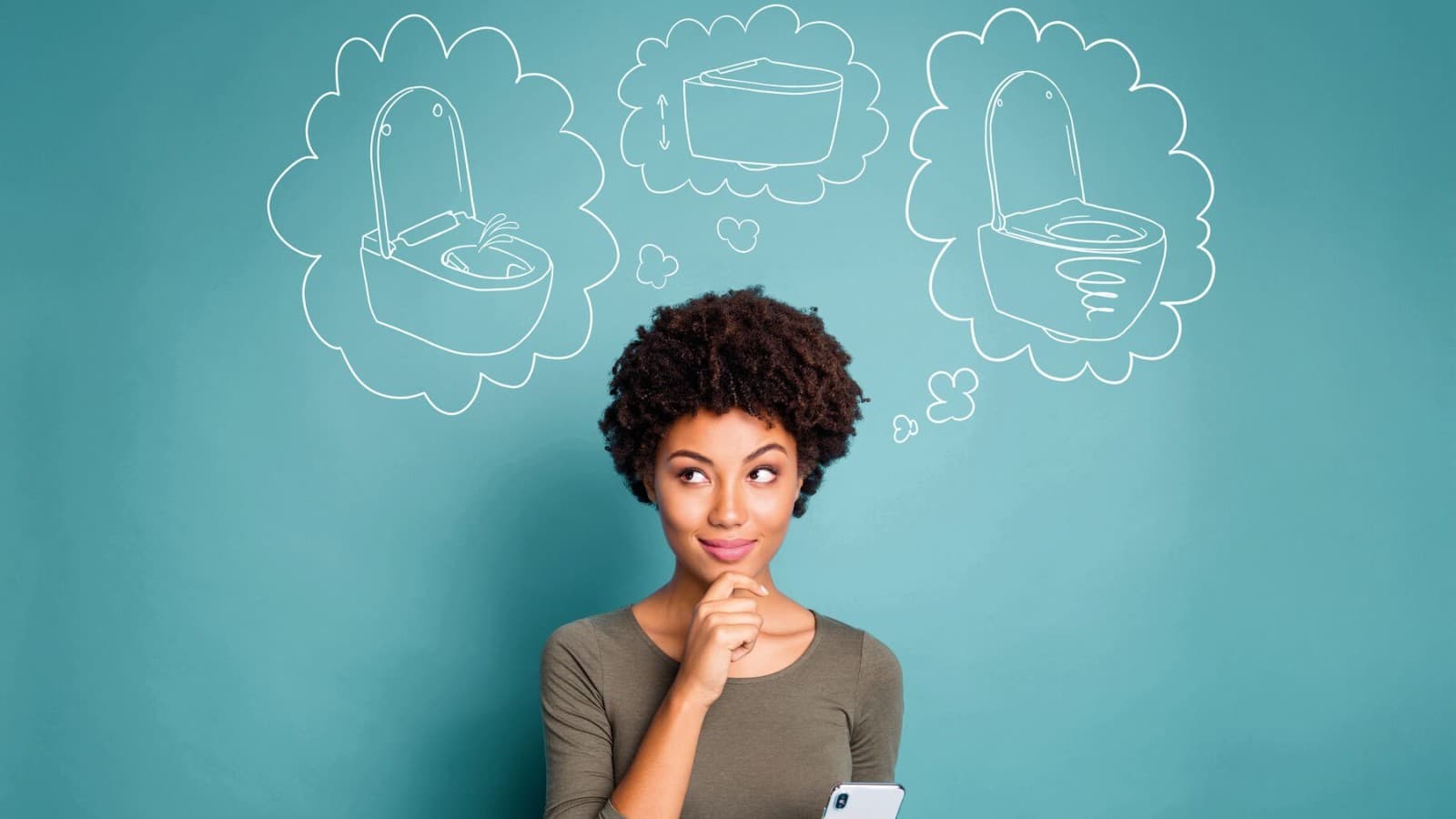 Nainen miettii unelmiensa WC-istuinta Nainen miettii unelmiensa WC-istuinta